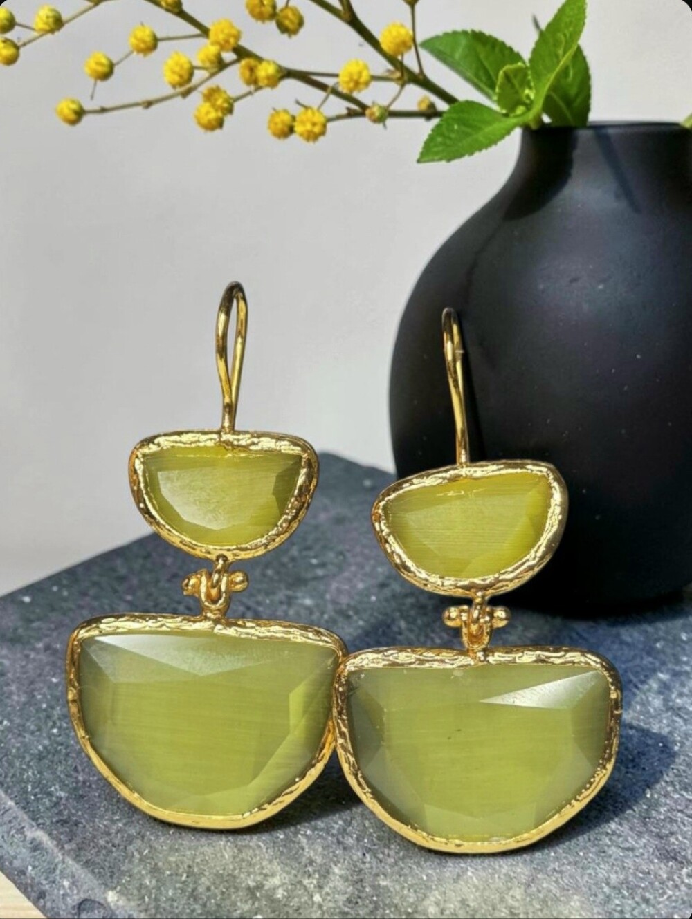 18k Gold Plated Peridot Cats Eye Crystal Stone Geometric Dangle Earrings